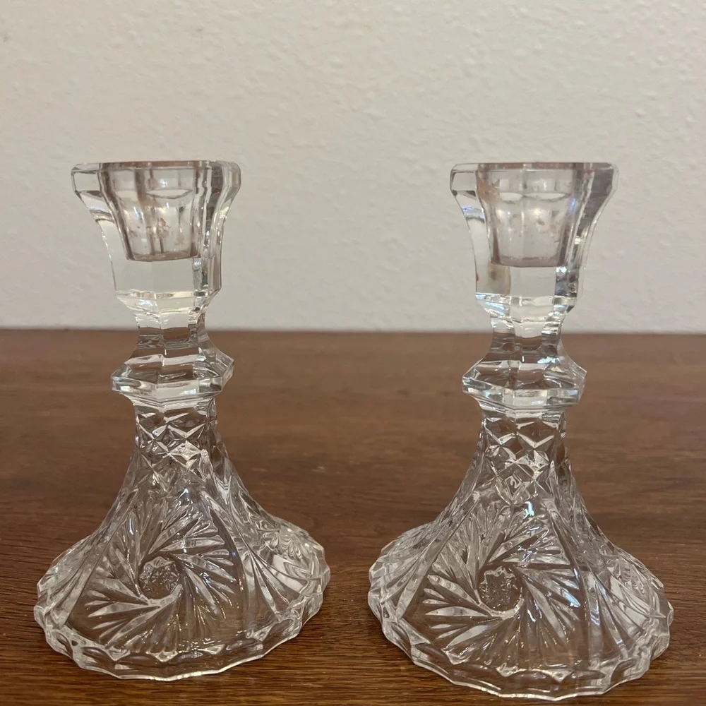 Vintage Pressed Glass Crystal Candle Holders Pair – Starburst Scalloped Edge